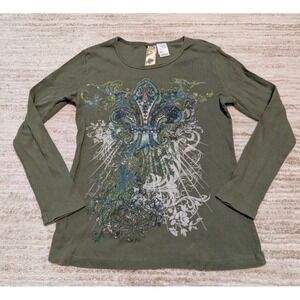 Spoiled Ribbed Top Shirt Sz L Bling Fleur De Lis Print Glitter Y2K Cyber Fairy